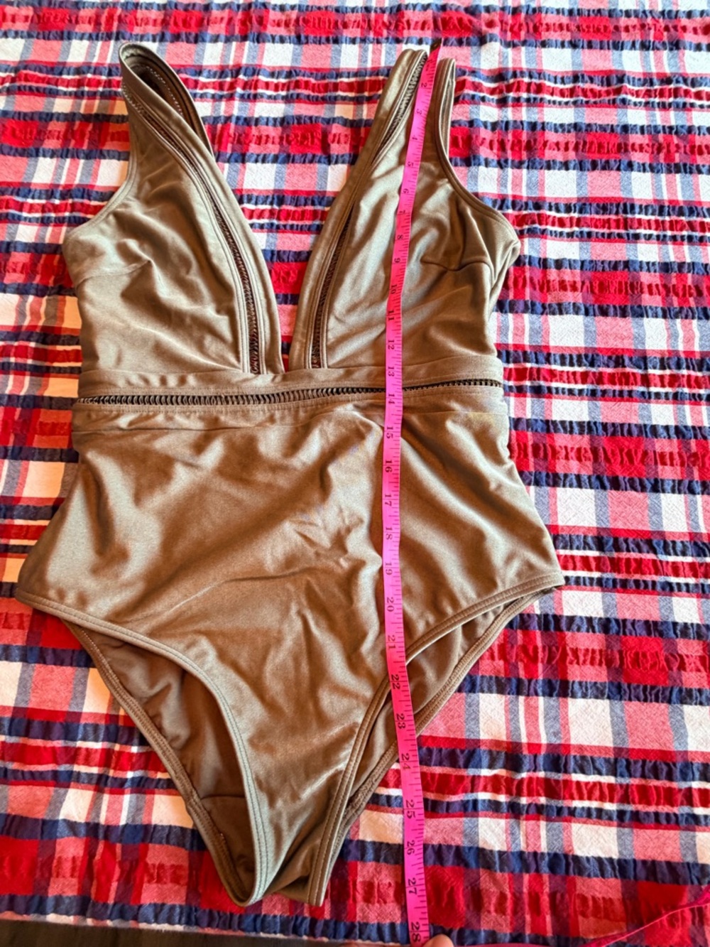 Ted Baker London Deep V Khaki Pointelle One-Piece Swimsuit - Picture 11 of 12